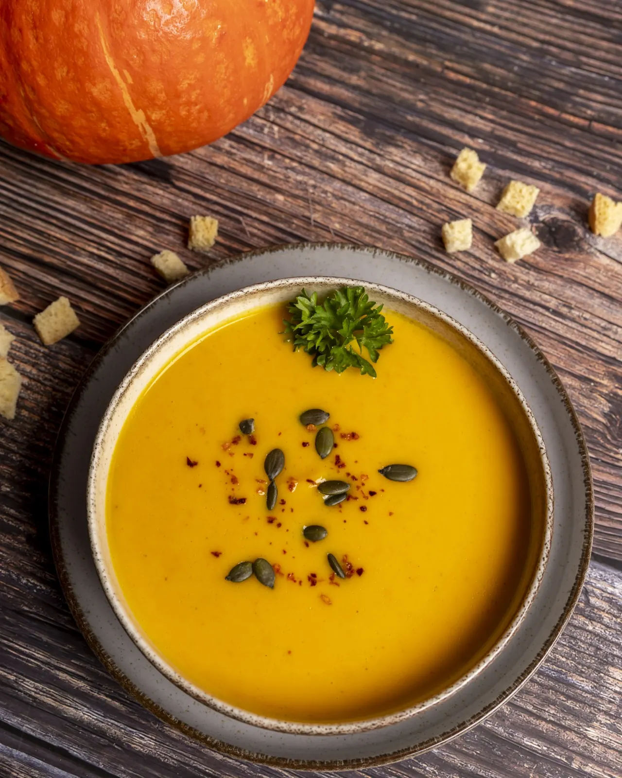Schüssel Suppe auf einem Holztisch